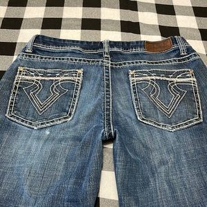 Cowgirl Up Bootcut Western Jeans Size 31 x30 Thick Stitch Distress Rodeo Stretch